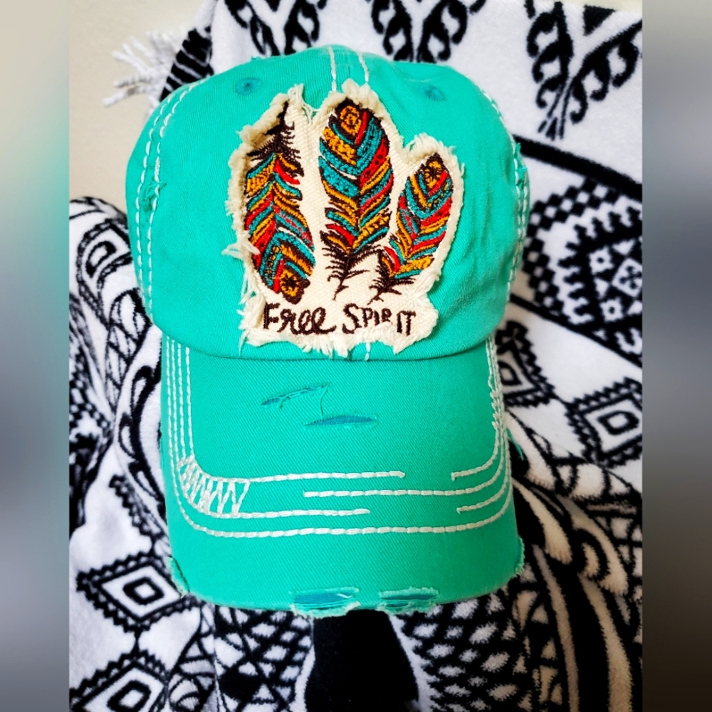 Free Spirit Distressed Baseball Cap by KBETHOS Vintage Teal Feathers 🪶